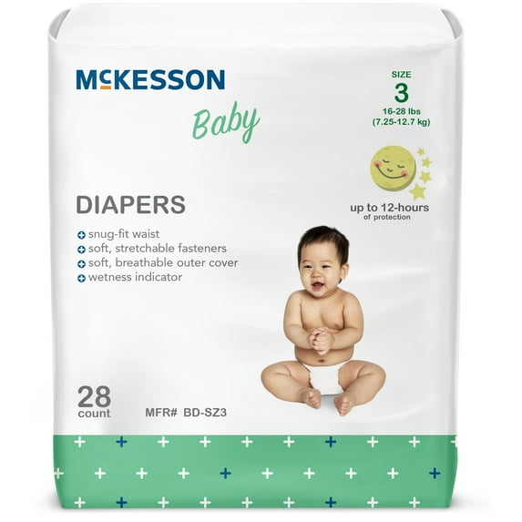 McKesson Baby Diapers - Flexible Fit, Wetness indicator, 12-Hour Protection - Size 3 (16 to 28 lbs.), 28 Count, 4 Packs, 112 Total