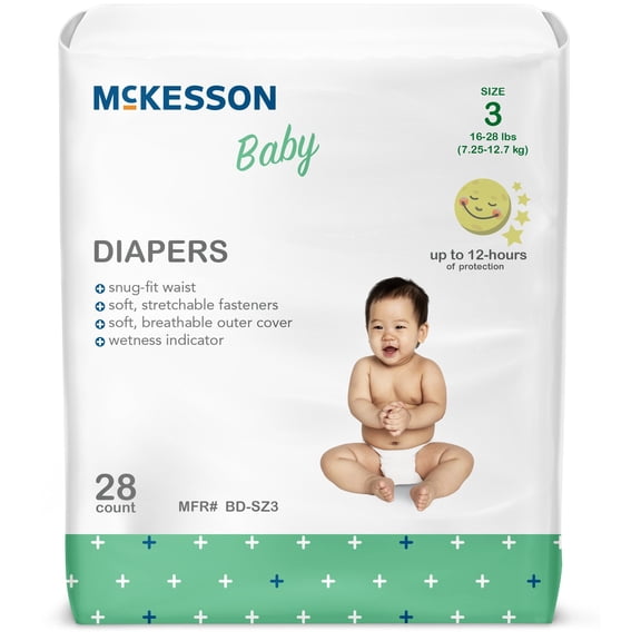 McKesson Baby Diapers - Flexible Fit, Wetness indicator, 12-Hour Protection - Size 3 (16 to 28 lbs.), 28 Count, 4 Packs, 112 Total