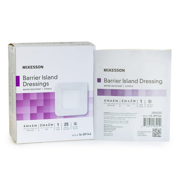 McKesson Barrier Island Dressing - Water-Resistant, Sterile Pad - 4 in. x 4 in., 25 Count, 1 Pack