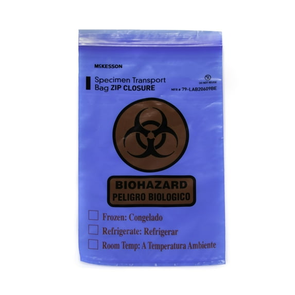 McKesson Biohazard Specimen Transport Bags for Medical Procedures - Zip Closure, Blue, Document Pouch - 6 in x 9 in, 100 Ct