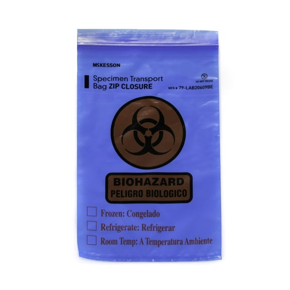 McKesson Biohazard Specimen Transport Bags for Medical Procedures - Zip Closure, Blue, Document Pouch - 6 in x 9 in, 100 Ct
