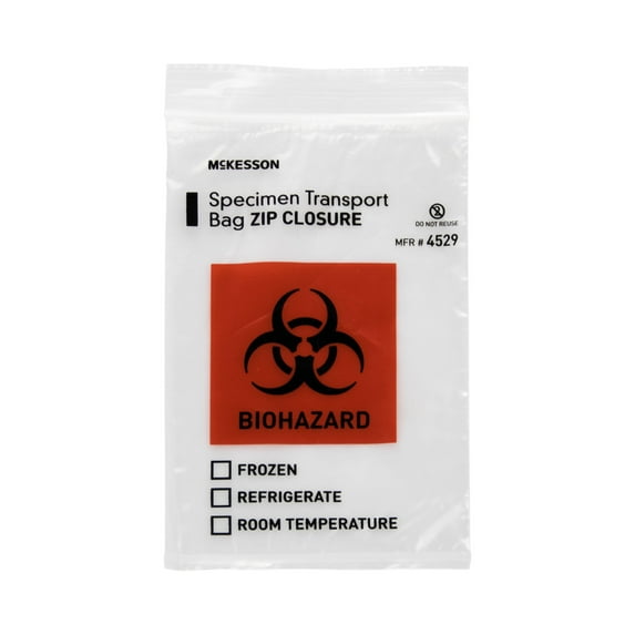 McKesson Biohazard Specimen Transport Bags for Medical Procedures - Zip Closure, Clear, Non-Sterile - 6 in x 9 in, 1000 Ct