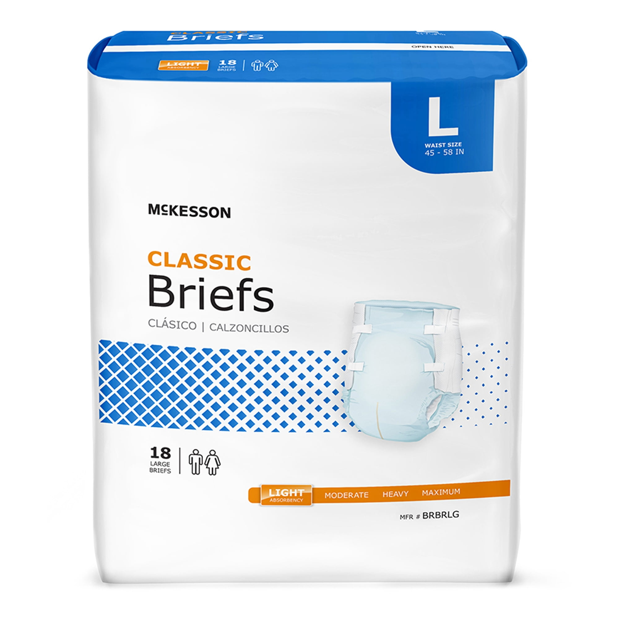 McKesson Classic Briefs, Incontinence, Light Absorbency, Large, 18 Count, 4 Packs, 72 Total