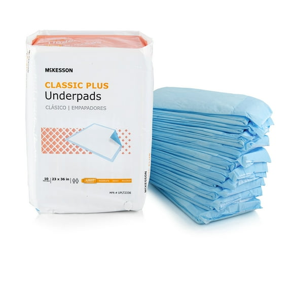 McKesson Classic Plus Disposable Underpad, 23 x 36 Inch, Light Absorbency, Bag of 10