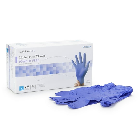 McKesson Confiderm 3.0 Disposable Nitrile Exam Glove Standard Cuff Length LARGE 14-6N36 250 per Box