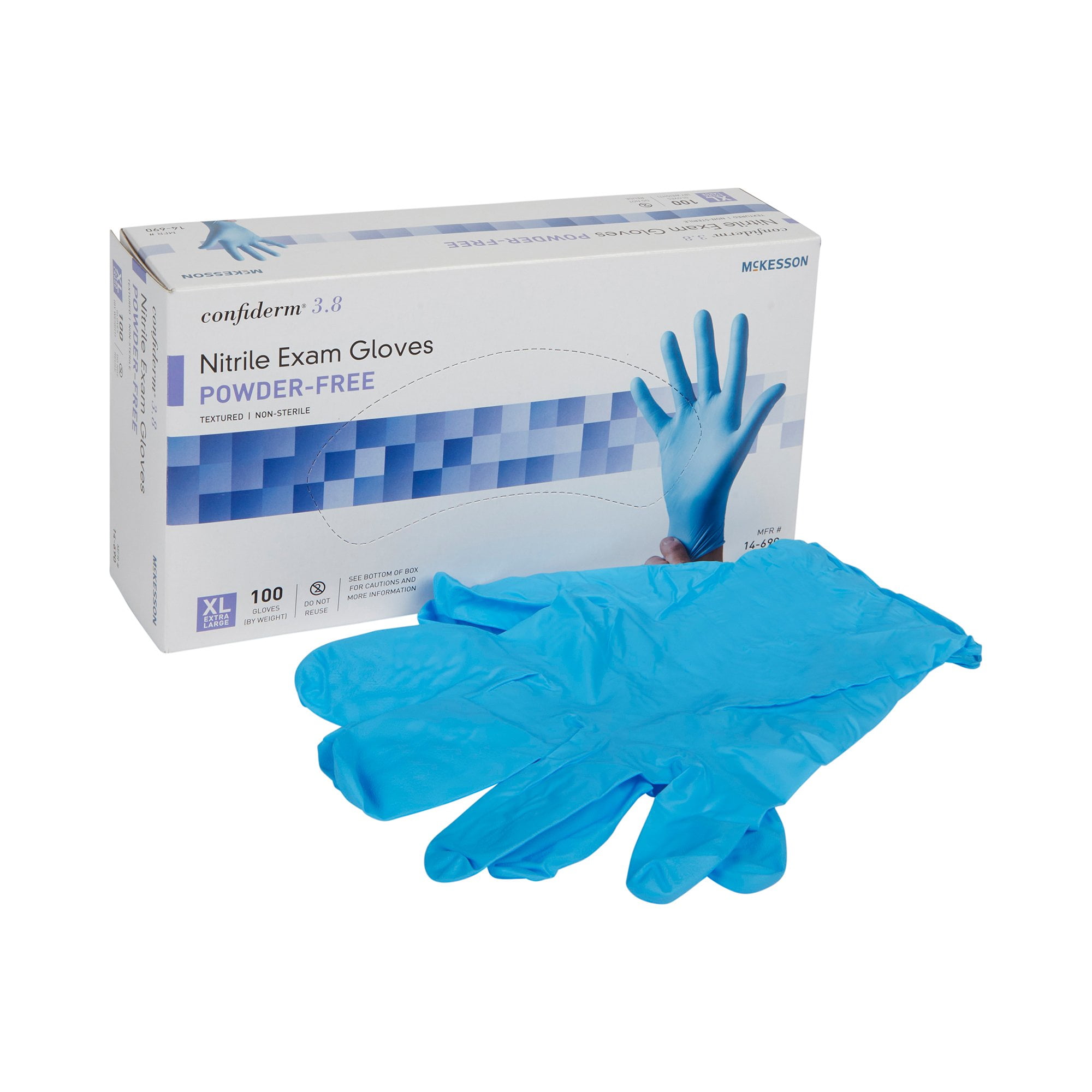 McKesson Confiderm 3.8 Nitrile Exam Gloves, Blue Medical Gloves - Size XL, 100 Count, 1 Box