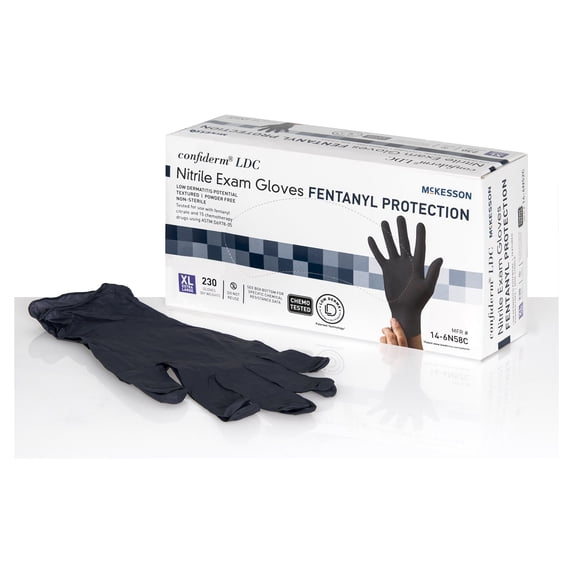 McKesson Confiderm LDC Low-Derma Nitrile Exam Gloves with Fentanyl Protection - Powder-Free, Latex-Free, Textured, Chemo Tested, Non-Sterile - Blue, Size XL, 230 Count, 10 Boxes, 2300 Total