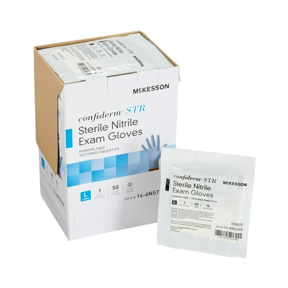 McKesson Confiderm STR Disposable Sterile Pair Nitrile Exam Glove Standard Cuff Length LARGE 14-6NSTR6 50 per Box