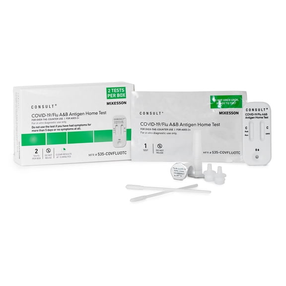 McKesson Consult COVID-19/Flu A&B Antigen Home Test Kit - Fast Results, Ages 2+ (2 Tests per Box)