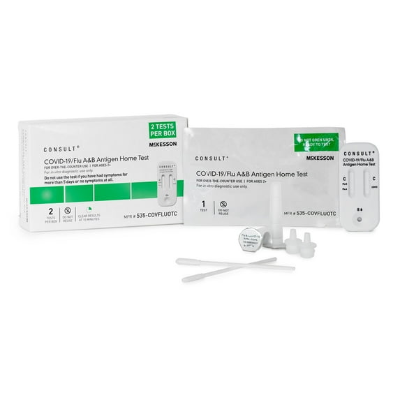 McKesson Consult COVID-19/Flu A&B Antigen Home Test Kit - Fast Results, Ages 2+ (2 Tests per Box)