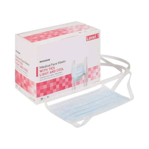 McKesson Cool Surgical Mask, Tie Closure, Blue, Non-Sterile, ASTM Level 1, 50 Count, 6 Packs, 300 Total