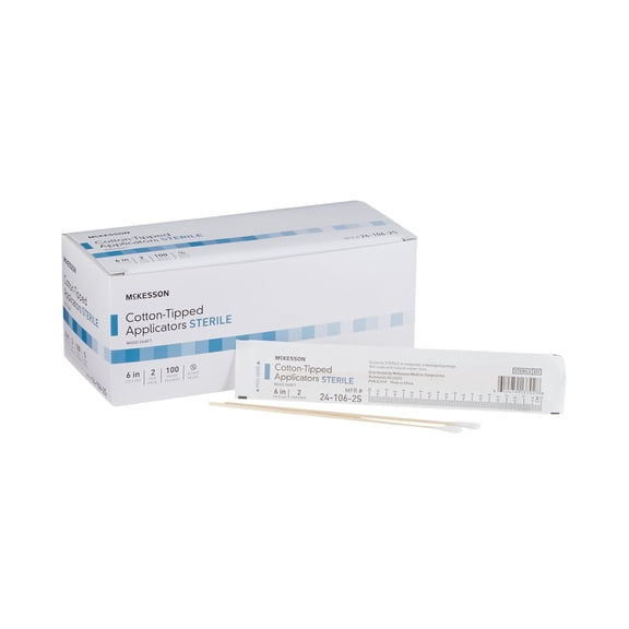 McKesson Cotton Tip Swabstick - Sterile Wooden Applicator, 6 in, 2 Count, 100 Packs, 200 Total