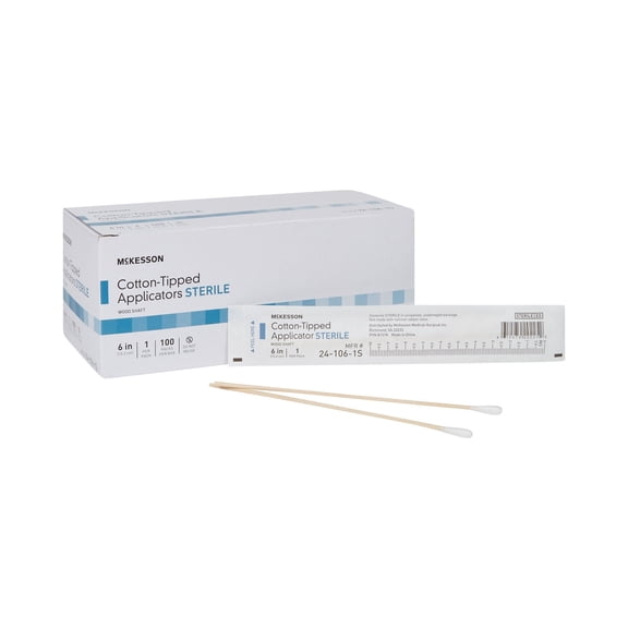 McKesson Cotton-Tipped Applicators, Sterile - Wooden Shaft, 6 in Long, 1 Count, 100 Packs, 100 Total