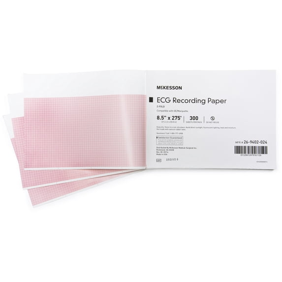 McKesson ECG Recording Paper, Red Grid Thermal Paper, 8 1/2 in x 275 ft, 300 Count, 1 Pack