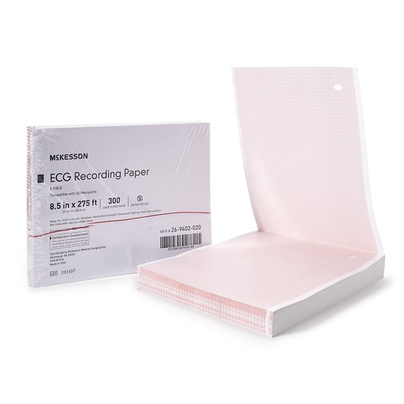 McKesson ECG Recording Paper, Red Grid Thermal Paper with Z-Fold, 8 1/2 in x 275 ft, 300 Count, 1 Pack