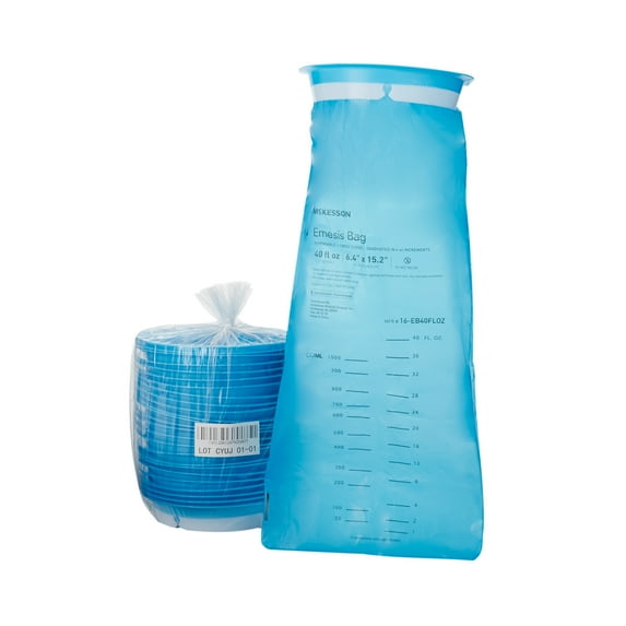 McKesson Emesis Bag, Blue Puke Container with Twist Closure, 40 oz, 25 Count, 4 Packs, 100 Total