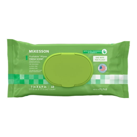 McKesson Flushable* Wet Wipes - Aloe & Vitamin E Formula, Gentle on Skin, Plant-Based Adult Cleansing Wipes - Scented, 48 Wipes, 12 Packs, 576 Total