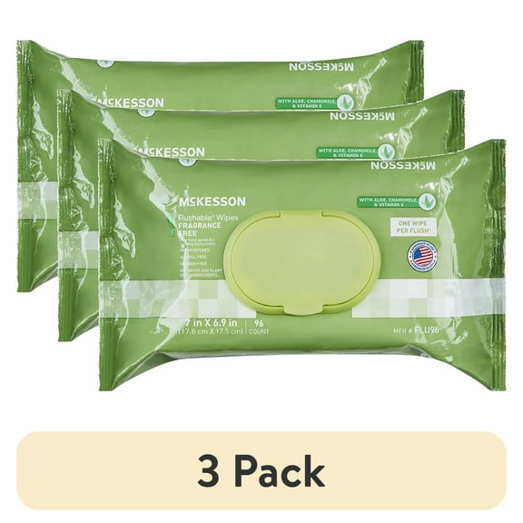 (3 pack) McKesson Flushable* Wet Wipes - Aloe & Vitamin E Formula, Gentle on Skin, Plant-Based Adult Cleansing Wipes - Scented, 96 Wipes, 1 Pack