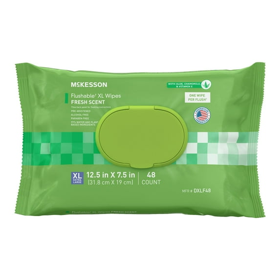 McKesson Flushable* Wet Wipes XL - Aloe & Vitamin E Formula, Gentle on Skin, Plant-Based Adult Cleansing Wipes - Scented, 48 Wipes, 12 Packs, 576 Total