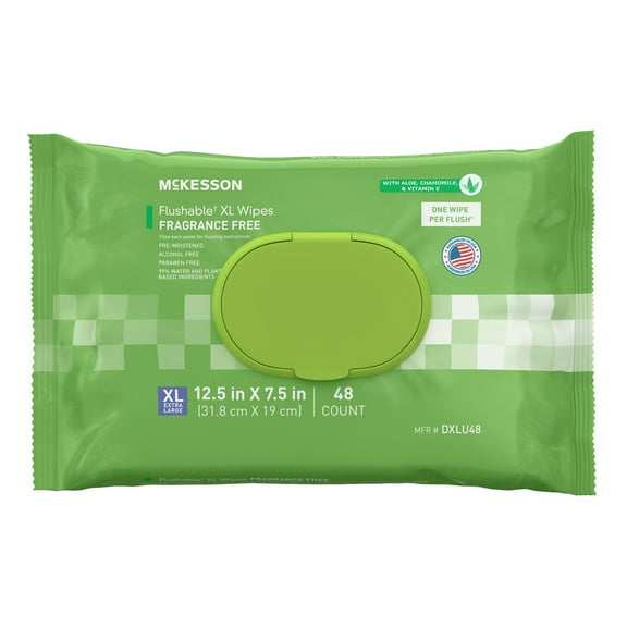 McKesson Flushable* Wet Wipes XL - Aloe & Vitamin E Formula, Gentle on Skin, Plant-Based Adult Cleansing Wipes - Unscented, 48 Wipes, 12 Packs, 576 Total