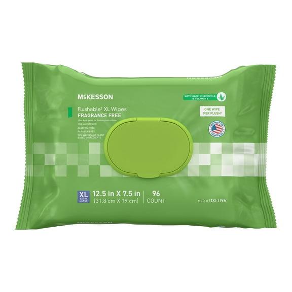 McKesson Flushable* Wet Wipes XL - Aloe & Vitamin E Formula, Gentle on Skin, Plant-Based Adult Cleansing Wipes - Unscented, 96 Wipes, 1 Pack