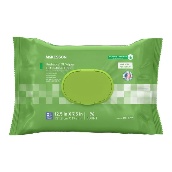 McKesson Flushable* Wet Wipes XL - Aloe & Vitamin E Formula, Gentle on Skin, Plant-Based Adult Cleansing Wipes - Unscented, 96 Wipes, 1 Pack