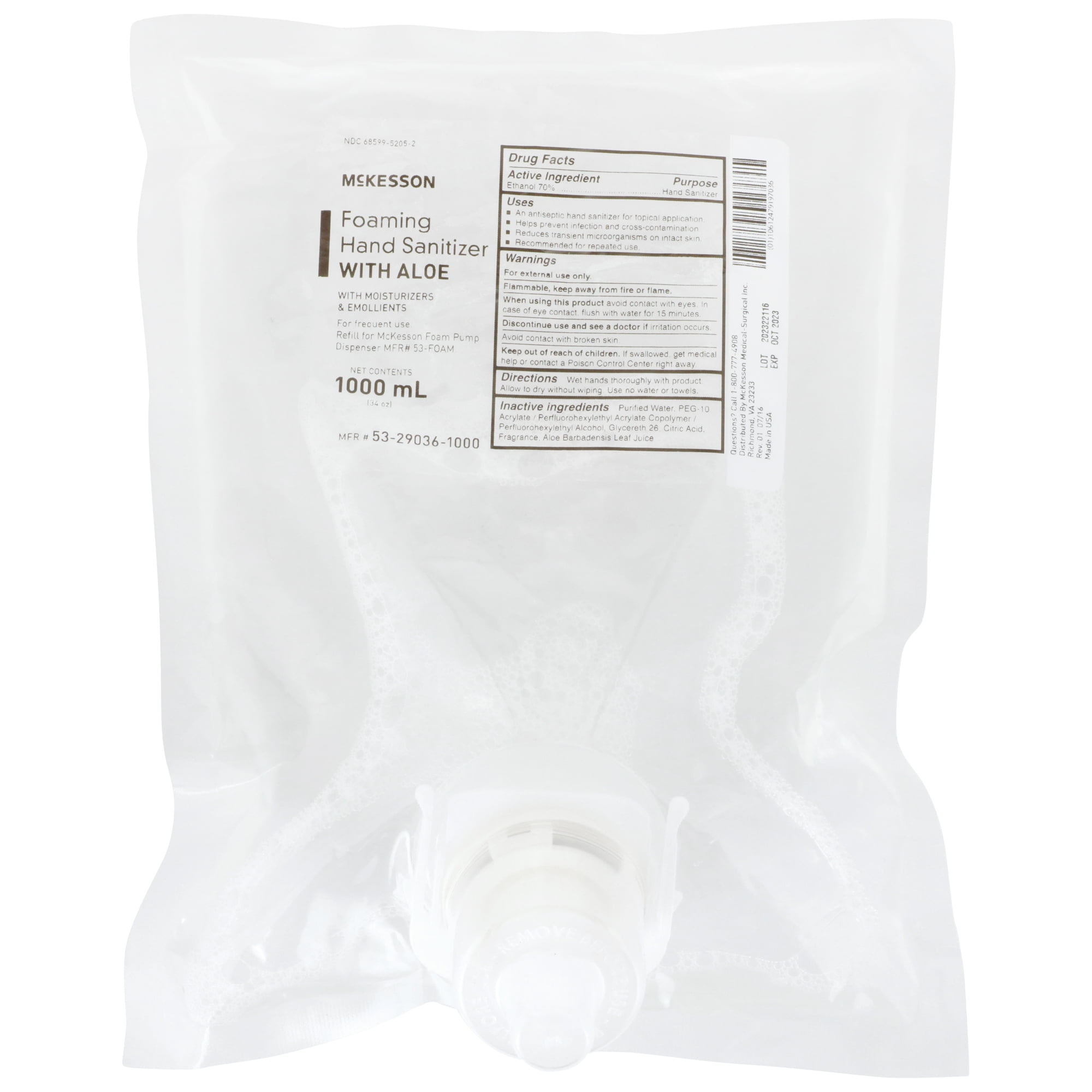 McKesson Foaming Hand Sanitizer with Aloe, Ethyl Alcohol Gel Dispenser Refill Bag, 34 oz, 1 Count, 1 Pack
