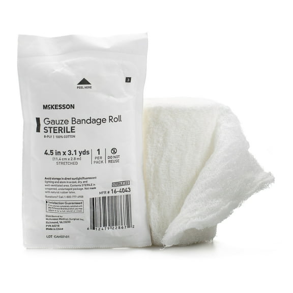McKesson Gauze Bandage Rolls - Sterile Woven Cotton, 4.5 in x 3.1 yd, 100 Ct