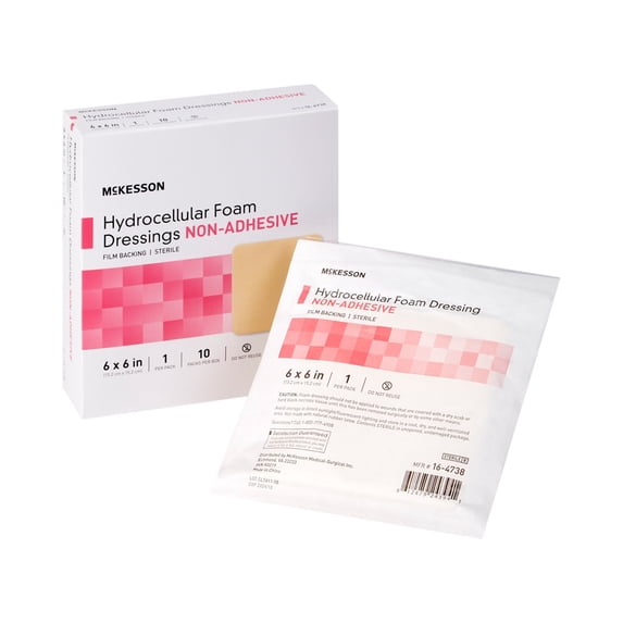 McKesson Hydrocellular Foam Dressings, Non-Adhesive, Film Back - 6 in. x 6 in., 10 Count, 10 Packs, 100 Total