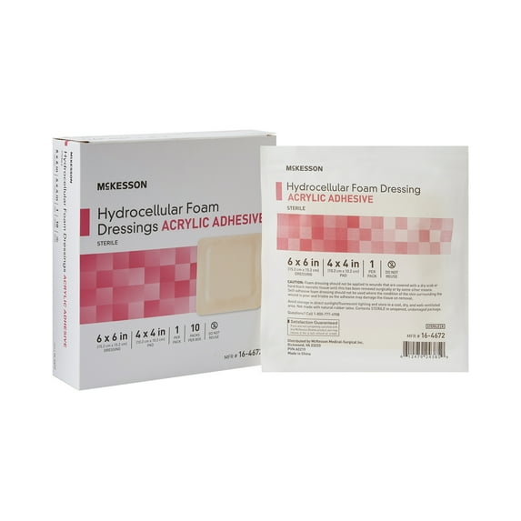 McKesson Hydrocellular Foam Dressings, Sterile, Acrylic Adhesive, Dimension 6 in x 6 in, Pad 4 in x 4 in, 10 Count, 1 Pack