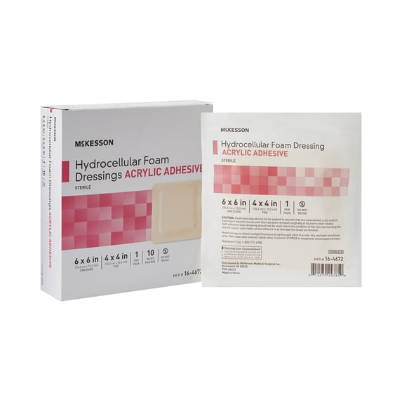 McKesson Hydrocellular Foam Dressings, Sterile, Acrylic Adhesive, Dimension 6 in x 6 in, Pad 4 in x 4 in, 10 Count, 10 Packs, 100 Total