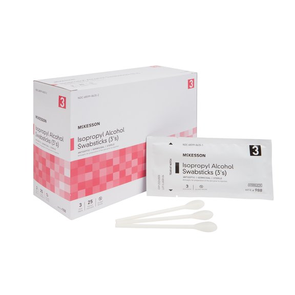 McKesson Isopropyl Alcohol Swabsticks, Sterile, Individual Packet, 3 Sticks, 250 Packs, 750 Total