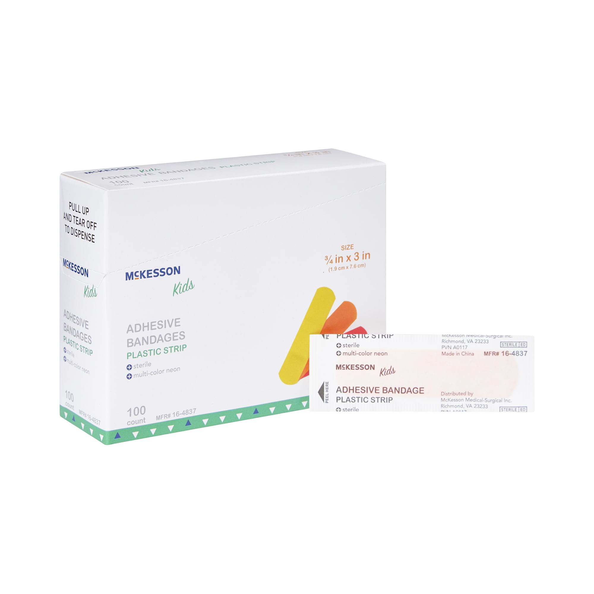 McKesson Kids Adhesive Bandages, Sterile Strips for Wound Care, 3/4 in x 3 in, 100 Count, 24 Packs, 2400 Total
