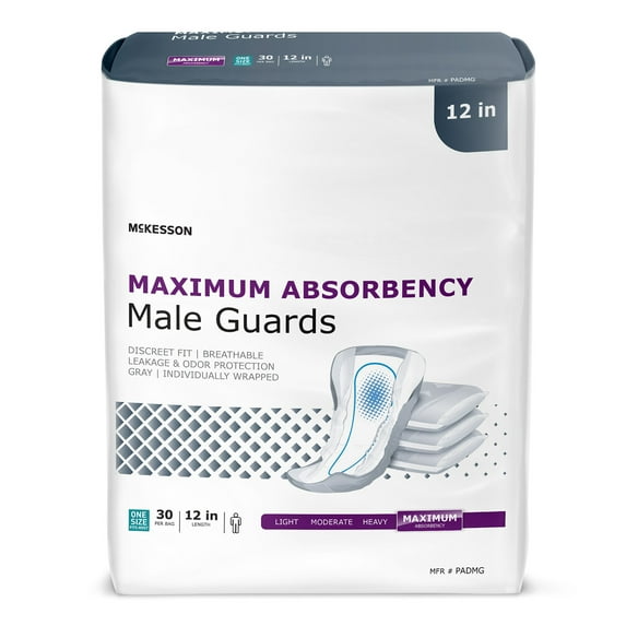 McKesson Male Guards for Men, Maximum Absorbency - Incontinence Pads with 12-Hour Leak Protection, Odor Control, Soft & Breathable, 30 Count, 6 Packs, 180 Total
