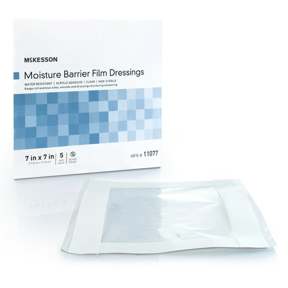 McKesson Moisture Barrier Film Dressings, Adhesive - Small, 7 in x 7 in, 5 Count, 1 Pack