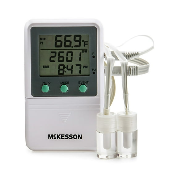 McKesson Multiple Mounting Options Dual (F C) Digital Refrigerator / Freezer Thermometer with Alarm