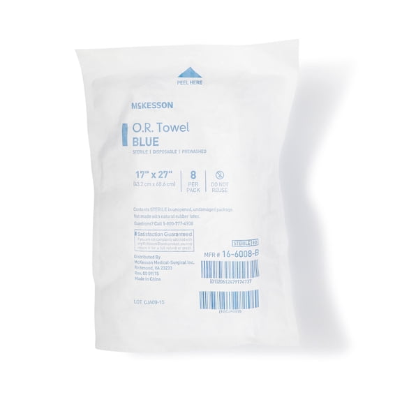 McKesson O.R. Towels, Sterile, Non-Radiopaque Fabric, Blue, 17 in x 27 in, 80 Towels, 1 Pack