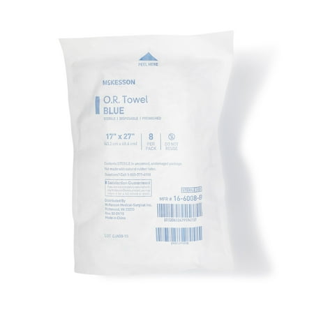 McKesson O.R. Towels, Sterile, Non-Radiopaque Fabric, Blue, 17 in x 27 in, 80 Towels, 1 Pack