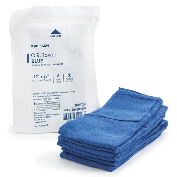 McKesson OR Towel, Plain Weave, Non-Radiopaque, 17 in X 27 in, 6 Towels, 12 Packs, 72 Total
