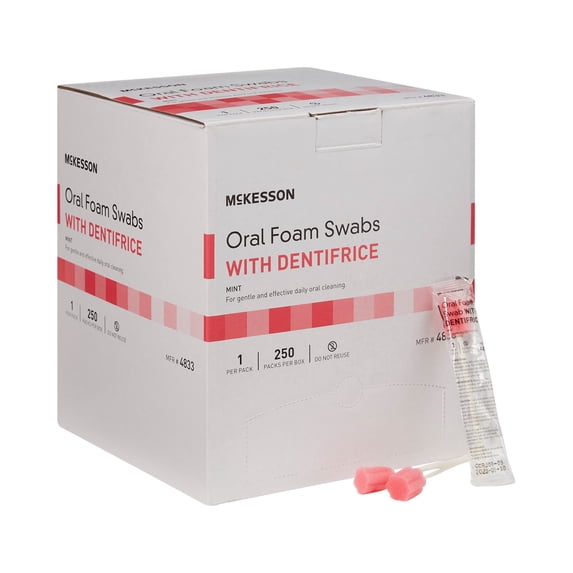 McKesson Oral Foam Swabs with Dentifrice - Disposable Mouth Swabs, 5 in, 250 Count, 4 Packs, 1000 Total