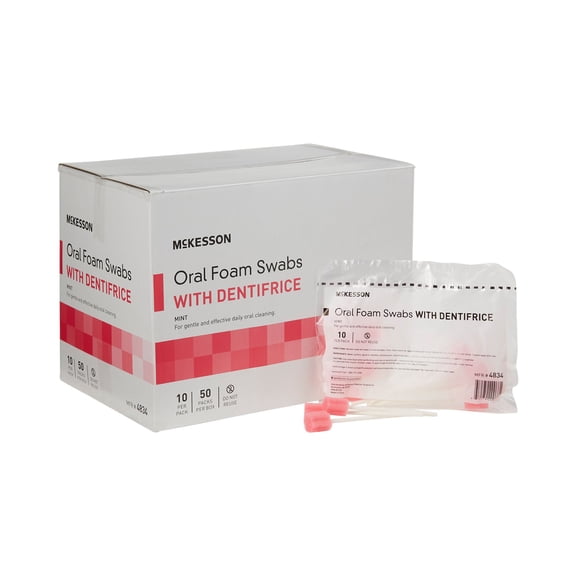 McKesson Oral Foam Swabs with Dentifrice, Mint Flavor, 10 Count, 100 Packs, 1000 Total