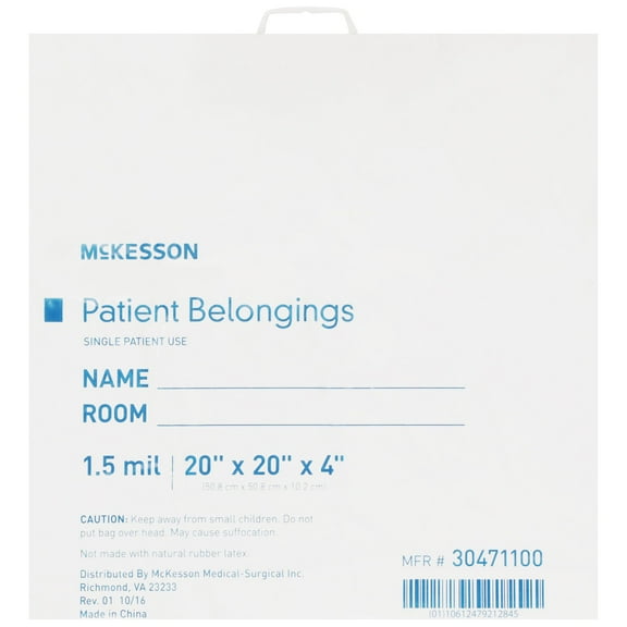 McKesson Patient Belongings Bag Snap Closure, White - 1.5 mil, 20 in x 20 in x 4 in, 250 Count