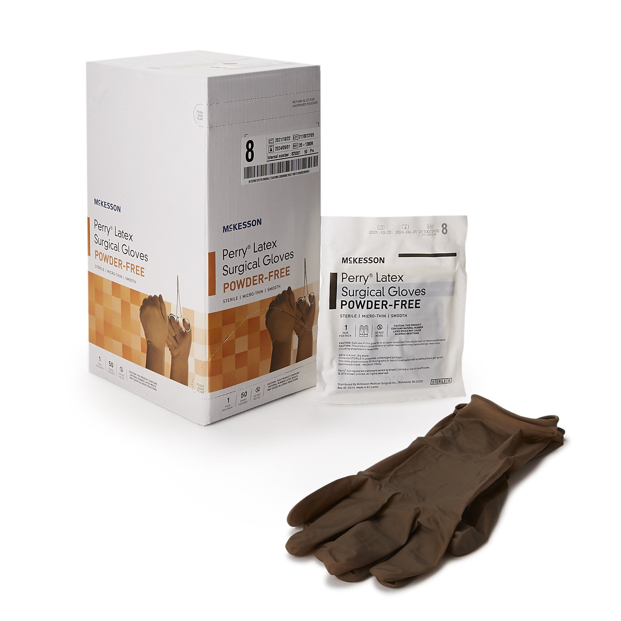 McKesson Perry Latex Surgical Gloves, Latex, Sterile Brown, Size 8