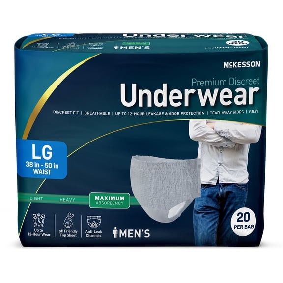 McKesson Premium Discreet Disposable Underwear Male Pull On with Tear Away Seams Large, UWDM-LGGRAY, 20 Ct