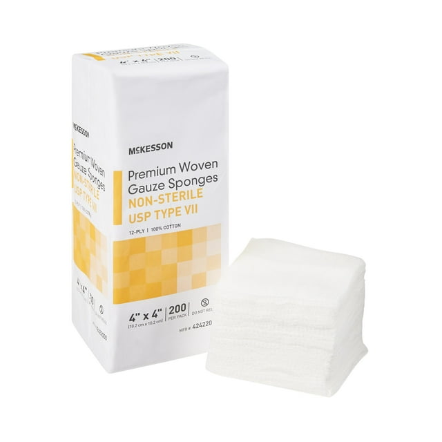 McKesson Premium Absorbent Cotton Woven Gauze Sponges, NonSterile Medical Supplies, 12Ply, 4x4