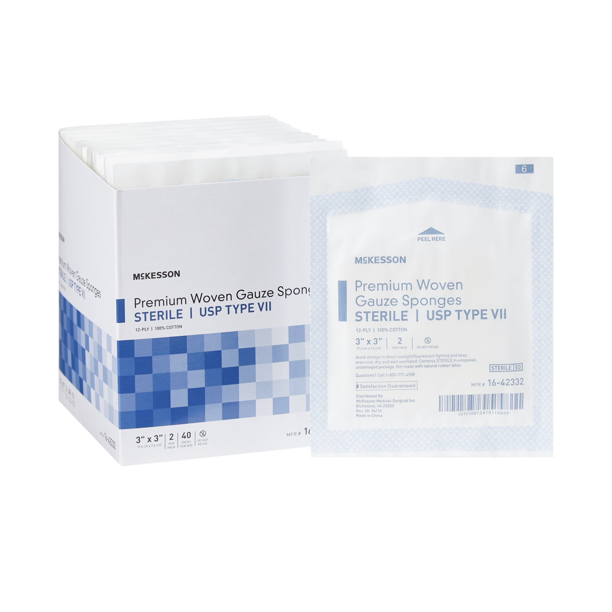 McKesson Premium Woven Gauze Sponges, Sterile, 12-Ply, USP Type VII, 100% Cotton, 3 in. x 3 in., 2 per Pack, 1200 Packs, 2400 Total