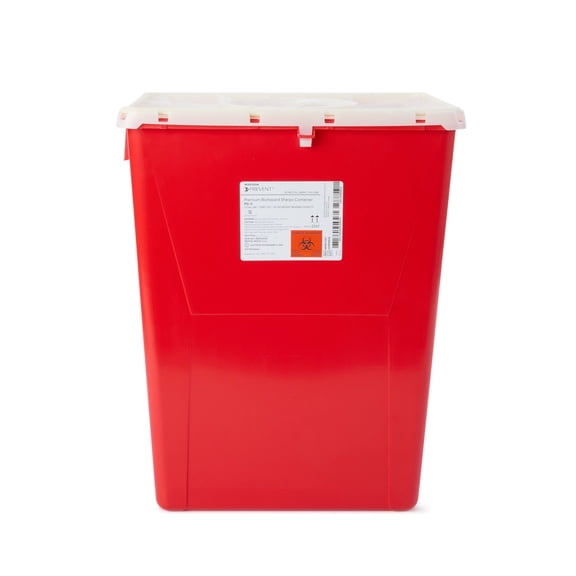 McKesson Prevent Biohazard Sharps Container, Premium - PG-II, Plastic, Vertical Entry, Rotating Lid - Red, 12 gal, 13 in x 17 3/10 in x 20 4/5 in, 8 Ct