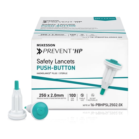McKesson Prevent HP Safety Lancet, Retractable, Pressure-Activated Finger Device, Sterile - Ideal for Blood Testing - Single Use, 25 Gauge, 2.0 mm Depth, 100 Count, 20 Packs, 2000 Total
