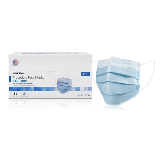 McKesson Procedure Face Masks, Level 1 - Disposable Surgical Face Mask, Pleated with Ear Loops, Blue - One Size Fits Most Adults, 50 Count, 10 Packs, 500 Total