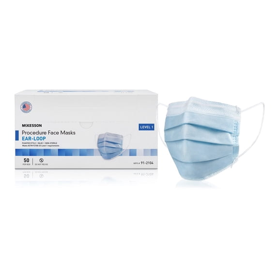 McKesson Procedure Face Masks, Level 1 - Disposable Surgical Face Mask, Pleated with Ear Loops, Blue - One Size Fits Most Adults, 50 Count, 1 Pack